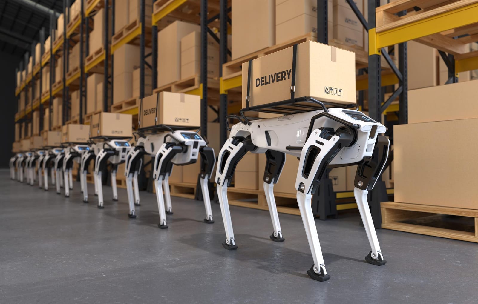 Autonomous mobile robots transporting inventory shelves across a logistics warehouse floor